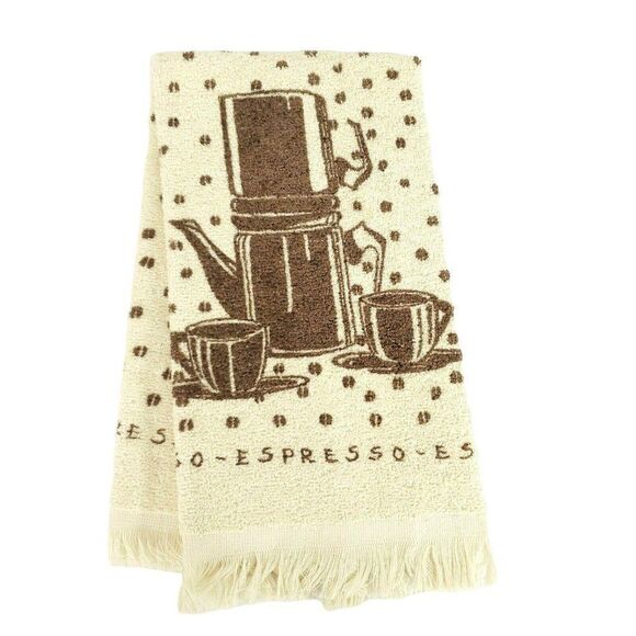 Vintage 1980 Kitchen Hand Towel Coffee Espresso Tan Brown Fringe New - Picture 2 of 3